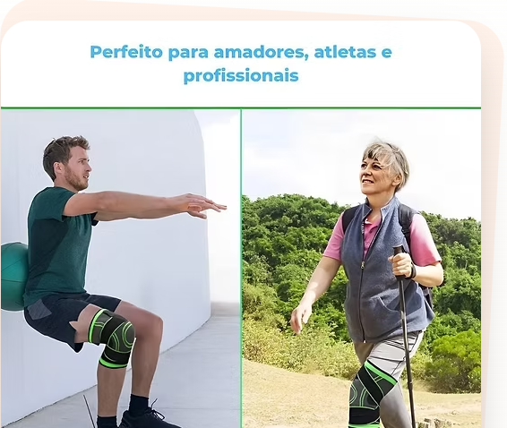 Pessoas utilizando a joelheira em exercícios e caminhadas